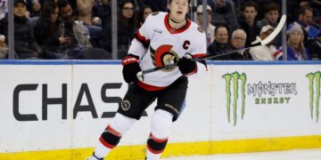 Ottawa Senators left wing Brady Tkachuk on the ice.