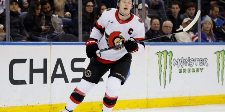Ottawa Senators left wing Brady Tkachuk on the ice.