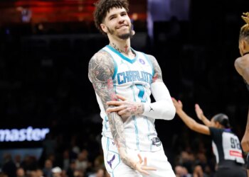 Charlotte Hornets guard LaMelo Ball (1) after making a 3-point basket.