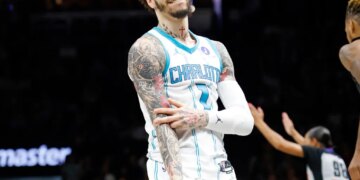 Charlotte Hornets guard LaMelo Ball (1) after making a 3-point basket.