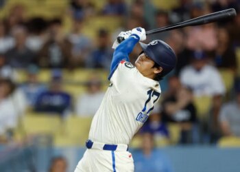 Shohei Ohtani belts a solo home run in the ninth inning of the Dodgers' 3-2 loss to the Orioles on June 20, 2026 in Los Angeles.