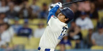 Shohei Ohtani belts a solo home run in the ninth inning of the Dodgers' 3-2 loss to the Orioles on June 20, 2026 in Los Angeles.