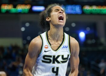 Chicago Sky guard Skylar Diggins (4) reacts after scoring against the Connecticut Sun.