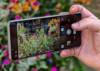 Photo of the Sony Xperia 1 VIII in front of flowers, showing the AI Camera Assistant