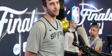 Luke Kornet talks to reporters during Spurs' practice on June 2, 2026 in San Antonio.