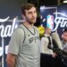Luke Kornet talks to reporters during Spurs' practice on June 2, 2026 in San Antonio.