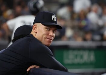 New York Yankees Aaron Judge is all smiles on the dugout fence during the 7th inning when the New York Yankees played the Chicago White Sox Tuesday, June 16, 2026 at Yankee Stadium in the Bronx, NY.