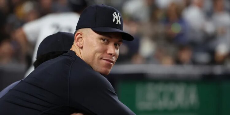 New York Yankees Aaron Judge is all smiles on the dugout fence during the 7th inning when the New York Yankees played the Chicago White Sox Tuesday, June 16, 2026 at Yankee Stadium in the Bronx, NY.