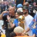 Jalen Brunson #11, Mariska Hargitay, and Rick Brunson celebrating the New York Knicks' 2026 NBA championship.