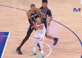 Spurs center Victor Wembanyama shoved Knicks guard Jalen Brunson in the first quarter of Game 3 of the NBA Finals on June 8, 2026.