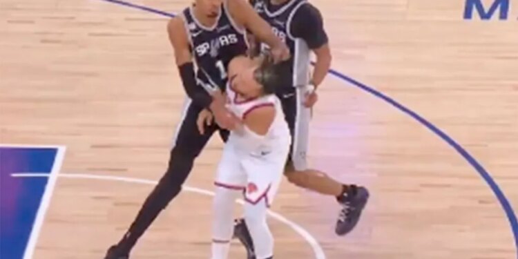 Spurs center Victor Wembanyama shoved Knicks guard Jalen Brunson in the first quarter of Game 3 of the NBA Finals on June 8, 2026.