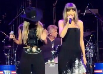Taylor Swift (R) and Lainey Wilson (L) performed a duet of Swift's song, "Love Story" while at a party for the Tight End University summit in Nashville on Tuesday, June 23, 2026.