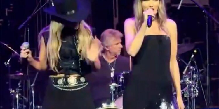 Taylor Swift (R) and Lainey Wilson (L) performed a duet of Swift's song, "Love Story" while at a party for the Tight End University summit in Nashville on Tuesday, June 23, 2026.