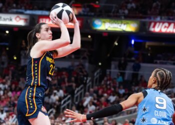 Caitlin Clark, who had 32 points and 10 assists, shoots a jumper over Natasha Cloud during the Fever's 114-106 win over the Sky on June 11, 2026 in Indianapolis.