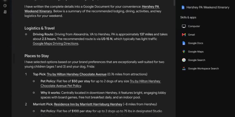 A screenshot of an itinerary for a trip to Hershey, PA.
