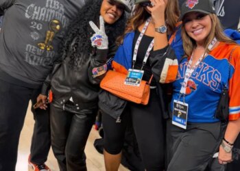 (L-R) Karl-Anthony Towns Sr., Teyana Taylor Jordyn Woods and Elizabeth Woods after the Knicks won the 2026 NBA Finals against the Spurs.