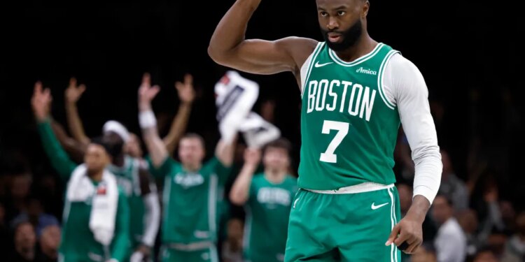 11/18/25: Jaylen Brown #7 of the Boston Celtics reacts after scoring in the second half at the Barclays Center in Brooklyn, New York on November 18, 2025.