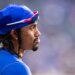 New York Mets player Francisco Lindor reacts in the dugout.