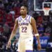 Guard Darryn Peterson #22 of the Kansas Jayhawks reacts on the court.