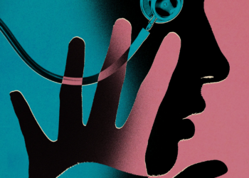Illustration in overlapping silhouettes and soft gradient of a child and a stethoscope.