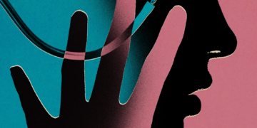Illustration in overlapping silhouettes and soft gradient of a child and a stethoscope.