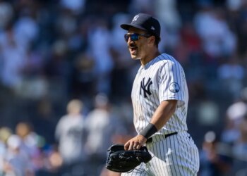 New York Yankees center fielder Trent Grisham celebrating at the end of the ninth inning.