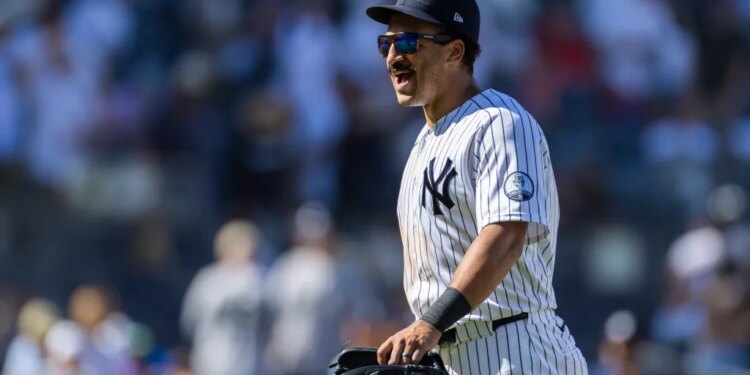 New York Yankees center fielder Trent Grisham celebrating at the end of the ninth inning.