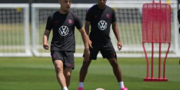 Sergino Dest and Tyler Adams on a soccer field.