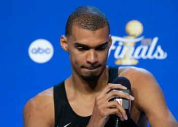 Victor Wembanyama speaks to the media at the NBA Finals.