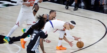 Josh Hart steals the ball from Victor Wembanyama in the fourth quarter of NBA Finals Game 1 on June 3, 2026.