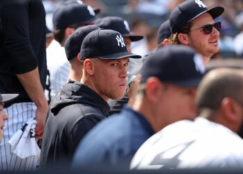 New York Yankees right fielder Aaron Judge (99) in the dugout.