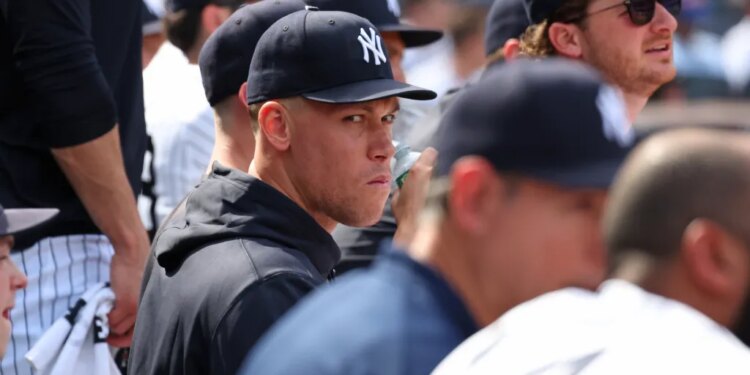 New York Yankees right fielder Aaron Judge (99) in the dugout.