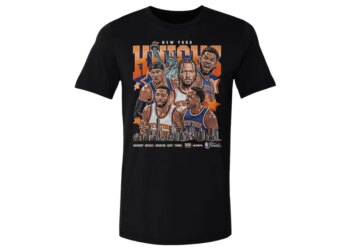 Illustration of a black t-shirt with a collage design of New York Knicks players and the Statue of Liberty over a New York City skyline, with the words "New York" and "Knicks Finals".