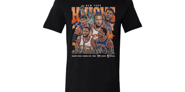 Illustration of a black t-shirt with a collage design of New York Knicks players and the Statue of Liberty over a New York City skyline, with the words "New York" and "Knicks Finals".