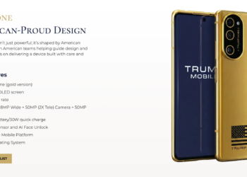 Screenshot showing the T1 Phone on the Trump Mobile website, listing “American-proud design”