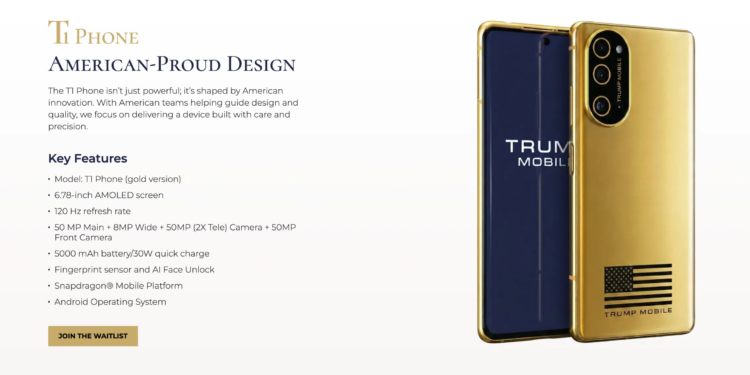Screenshot showing the T1 Phone on the Trump Mobile website, listing “American-proud design”