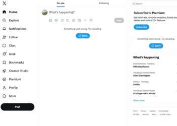 Screenshot of the X (formerly Twitter) interface showing "Something went wrong. Try reloading." with a retry button in the main feed and the "What's happening" sidebar showing trending topics.