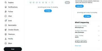 Screenshot of the X (formerly Twitter) interface showing "Something went wrong. Try reloading." with a retry button in the main feed and the "What's happening" sidebar showing trending topics.