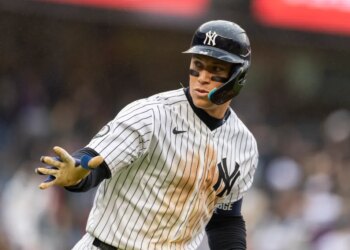 New York Yankees right fielder Aaron Judge (99) reacts as he rounds the bases on his walk off two-run home run to end the game in the 9th inning against the Tampa Bay Rays at Yankee Stadium, Sunday, May 24, 2026, in Bronx, NY.