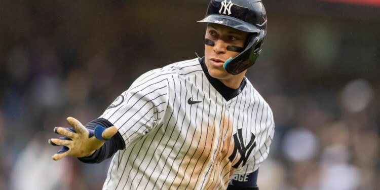 New York Yankees right fielder Aaron Judge (99) reacts as he rounds the bases on his walk off two-run home run to end the game in the 9th inning against the Tampa Bay Rays at Yankee Stadium, Sunday, May 24, 2026, in Bronx, NY.