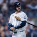 New York Yankees catcher Austin Wells (28) strikes out.