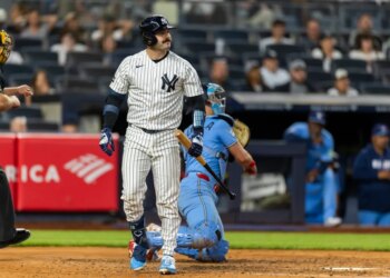 New York Yankees catcher Austin Wells (28) reacts after striking out looking against the Toronto Bluejays.