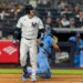 New York Yankees catcher Austin Wells (28) reacts after striking out looking against the Toronto Bluejays.