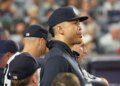 Giancarlo Stanton in the New York Yankees dugout.