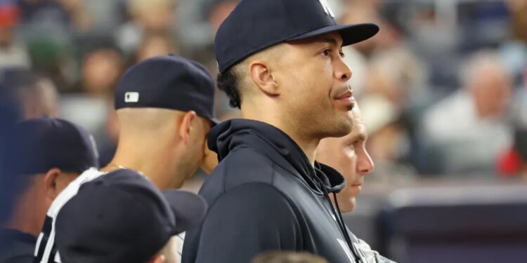 Giancarlo Stanton in the New York Yankees dugout.