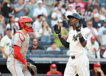 New York Yankees second baseman Jazz Chisholm Jr. #13 reacts as he scores on his solo home run during the second inning.