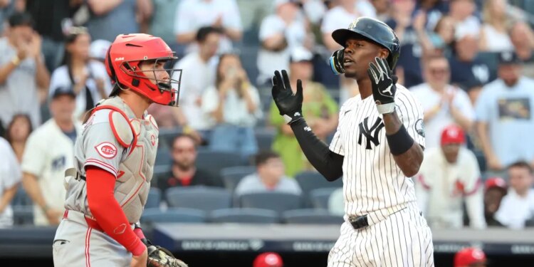 New York Yankees second baseman Jazz Chisholm Jr. #13 reacts as he scores on his solo home run during the second inning.