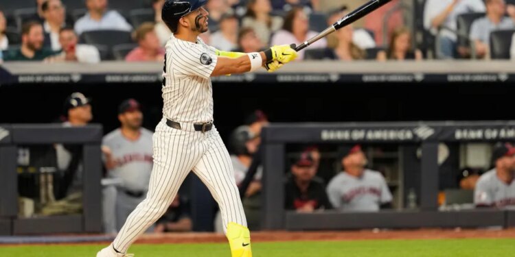 José Caballero belts a solo homer in the fourth inning of the Yankees' 5-4 loss to the Guardians on June 3, 2026 at the Stadium.
