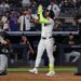 A smiling José Caballero looks up to the sky after belting a solo home run in the eighth inning of the Yankees' 12-2 blowout win over the White Sox on June 16, 2026 at the Stadium.