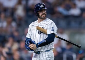 New York Yankees catcher Austin Wells (28) stands with a bat on his shoulder.